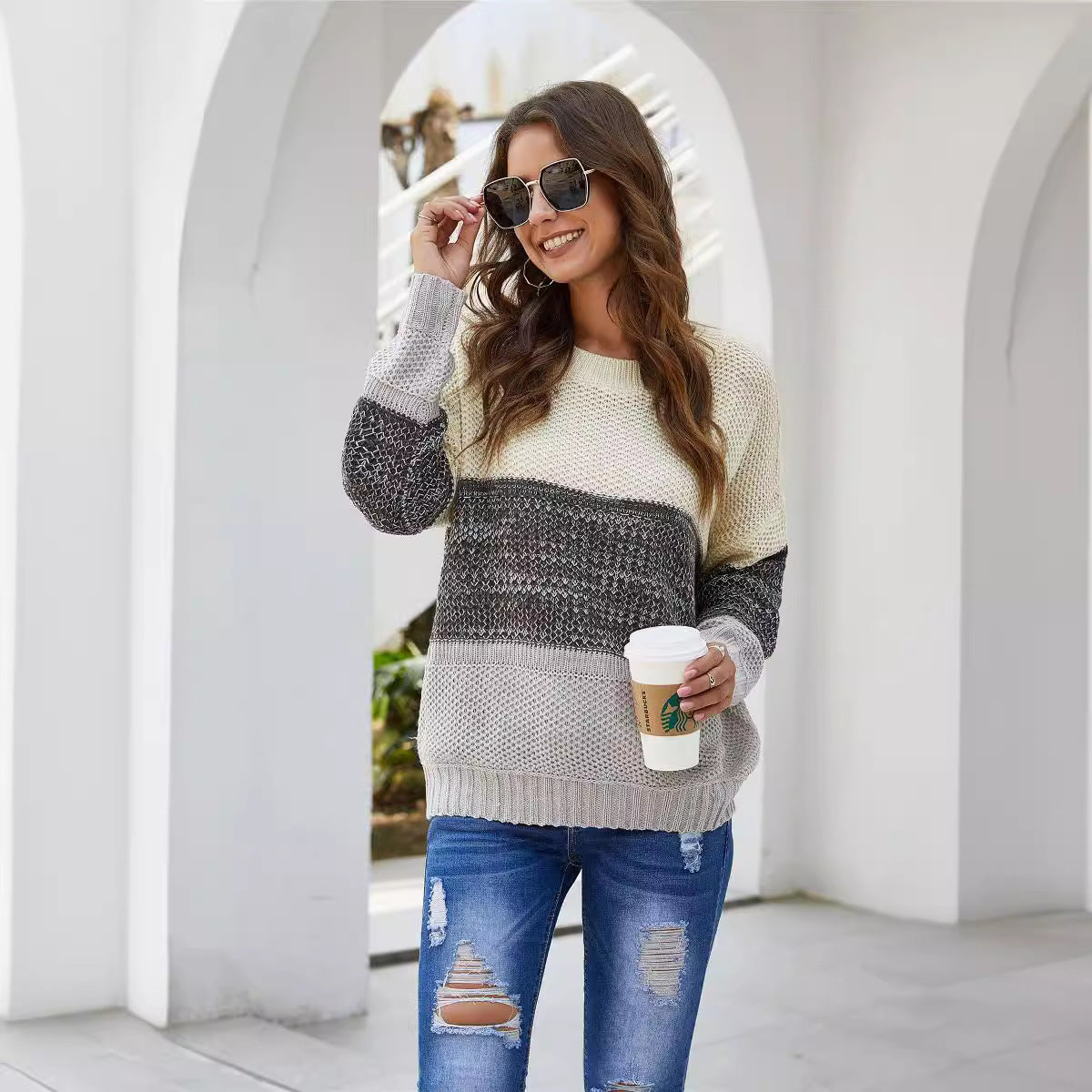 Damen Grobstrickpullover Blockdesign Lässig Eveloria