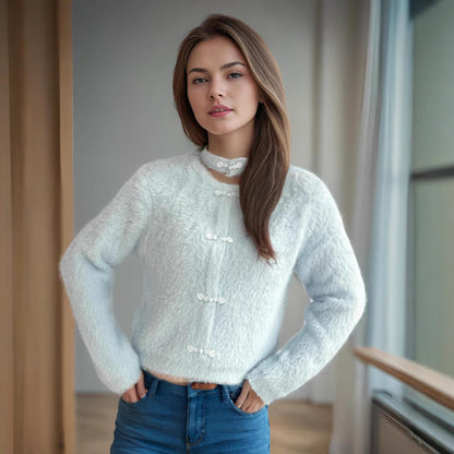 Damen Pullover Hochgeschlossen Kuschelig Dekorative Knöpfe Beige