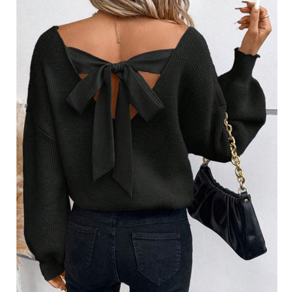 Damen Strickpullover V-Ausschnitt Schleifen-Detail Eveloria