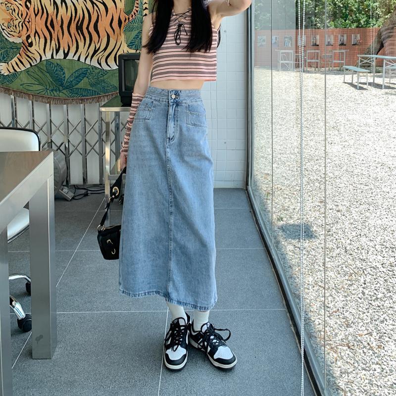 Damen Midi-Denimrock Lässig Mit Seitenschlitzen Blau Eveloria