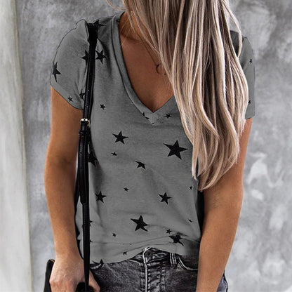 Damen T-Shirt V-Ausschnitt Sternenmotiv Lässig Weiß