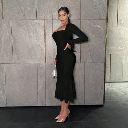 Damen Kleid Lang Quadrat-Ausschnitt Ausgestellter Saum Eveloria