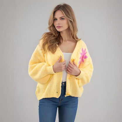 Damen Strickjacke Blumenmotiv Bunt Große Knöpfe