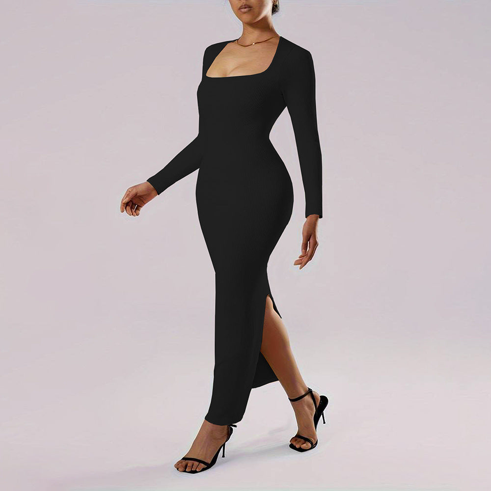 Damen Maxikleid Langarm Figurfreundlich Tiefes Dekolleté