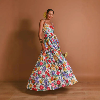 Damen Maxi-Kleid Langarm Floralmuster Rüschendetails