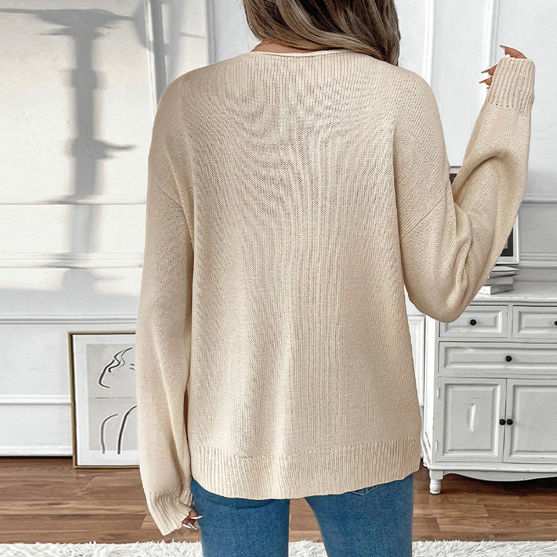 Damen Strickpullover Lässig Verstellbarer Kordelzug Feminin Beige