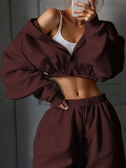 Damen Sweatshirt Set Cropped mit weiter Jogginghose Grau