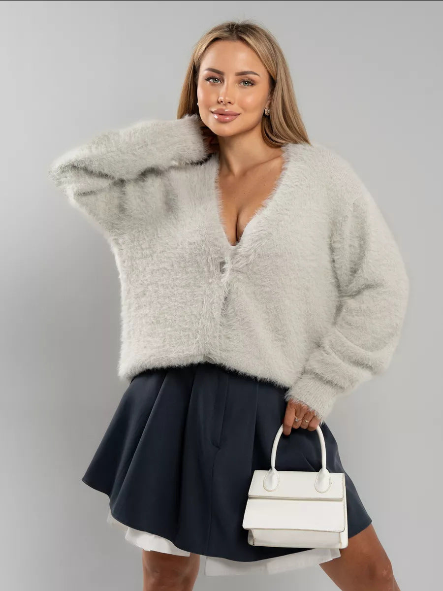 Damen Cardigan Mohair-Mix Knopfverschluss Beige