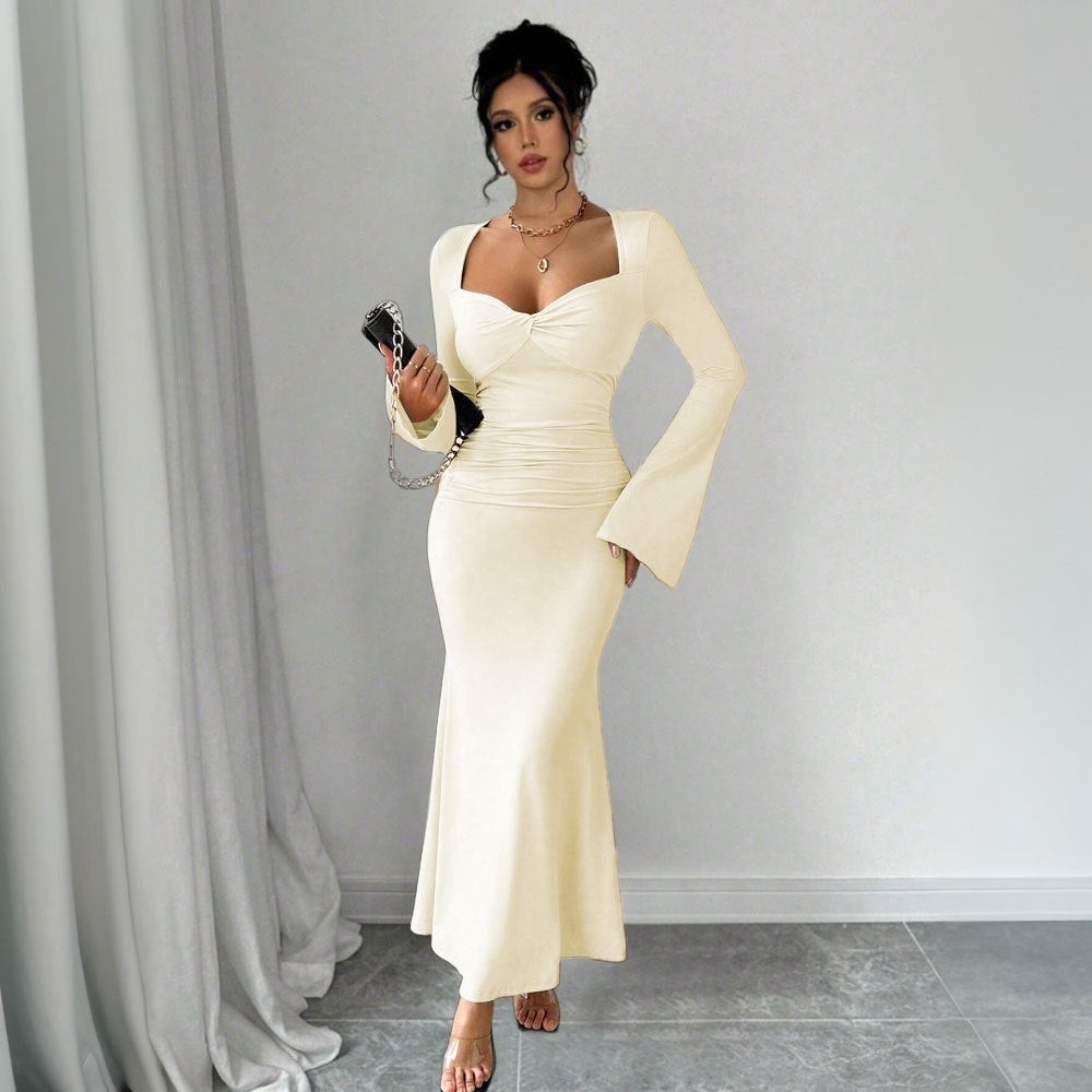 Damen Maxikleid Langärmlig V-Ausschnitt Raffung Eveloria