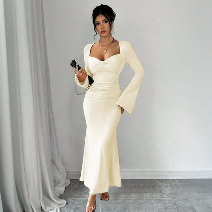 Damen Maxikleid Langärmlig V-Ausschnitt Raffung Eveloria