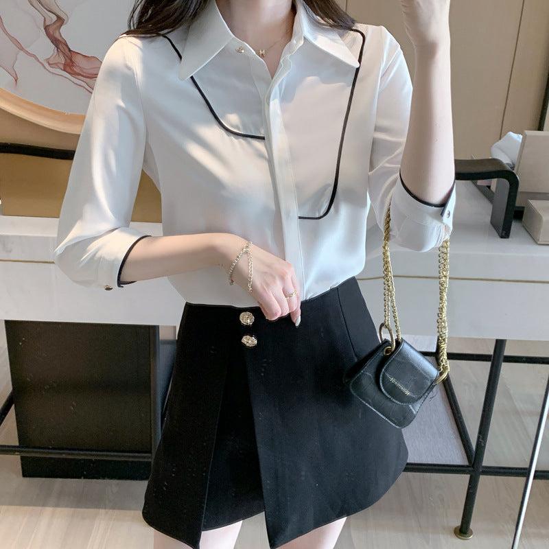 Damen Bluse Klassischer Kragen Kontrastpaspelierung Eveloria