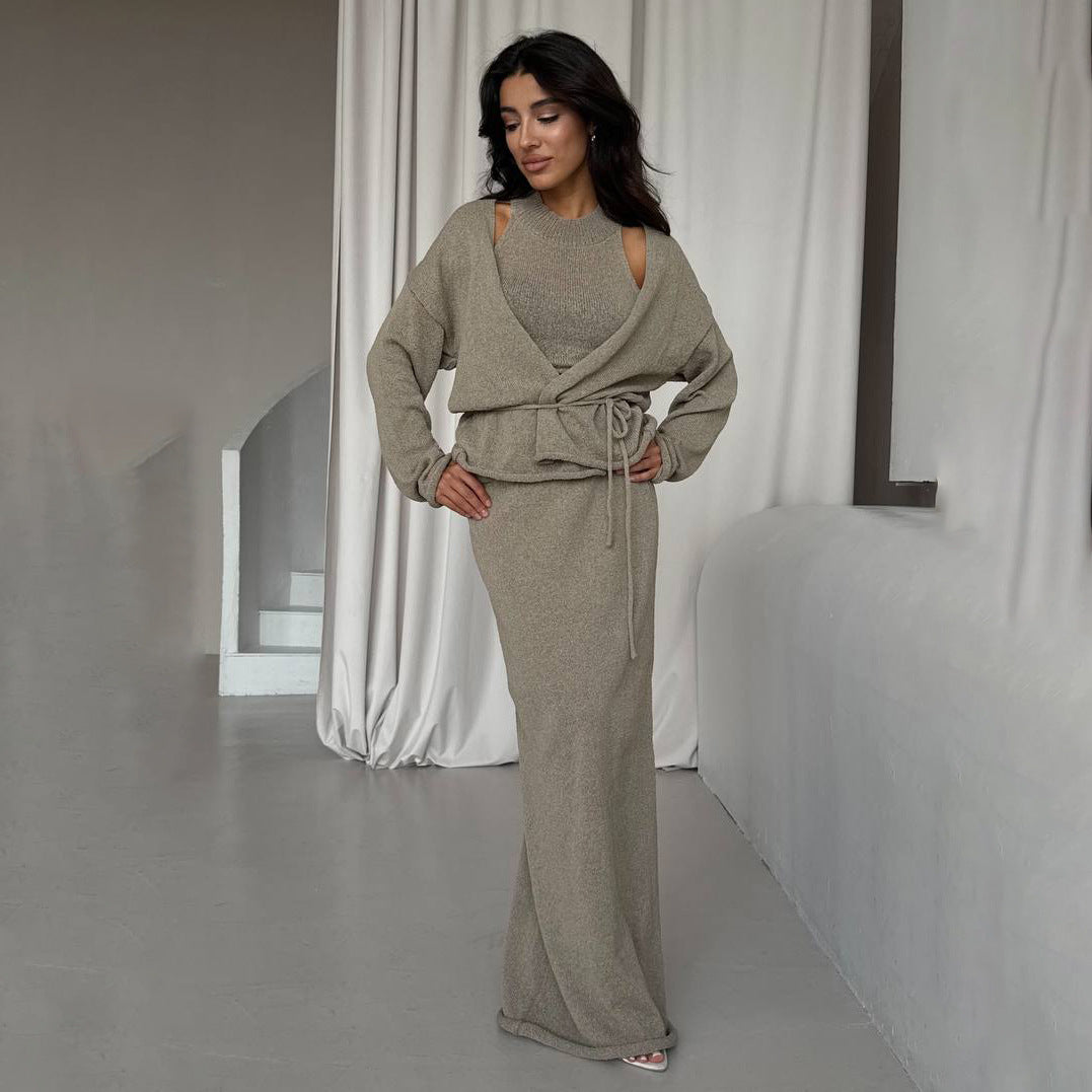 Damen Strickanzug Lang mit Bindegürtel