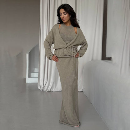 Damen Strickanzug Lang mit Bindegürtel