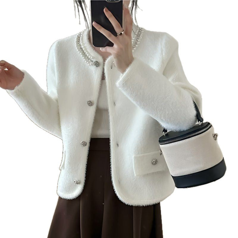 Damen Strickjacke Flauschig mit Perlen