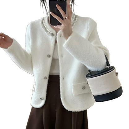 Damen Strickjacke Flauschig mit Perlen