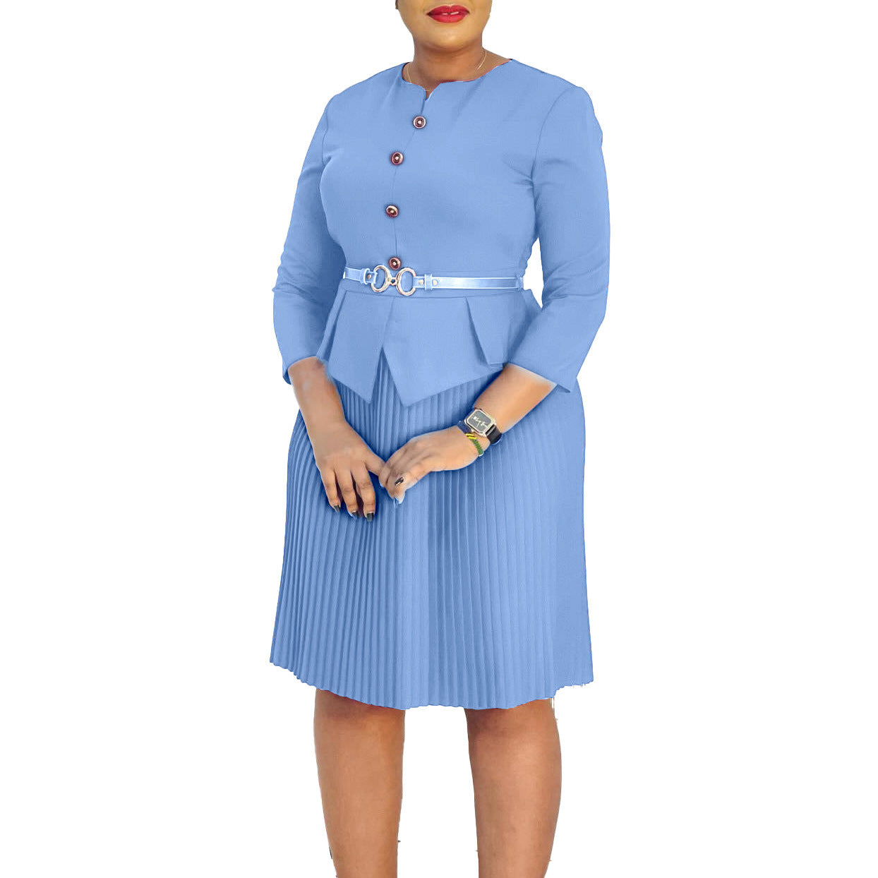 Damen Plissee-Kleid mit Taillenbluse und modischem Gürtel