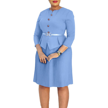 Damen Plissee-Kleid mit Taillenbluse und modischem Gürtel