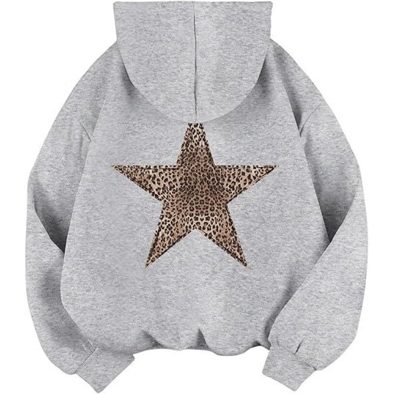 Damen Kapuzensweater Leopardstern-Design Baumwolle Entspannt