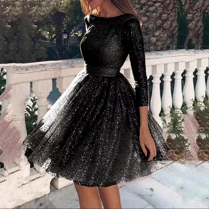 Damen Tüllkleid Glitzernd Elegant Langer Ärmel Eveloria