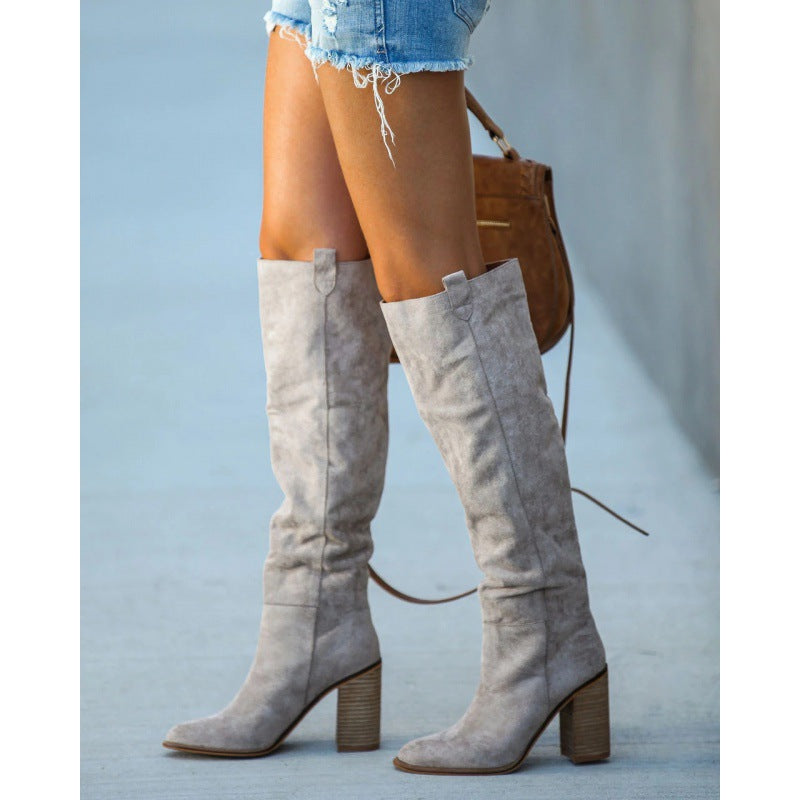 Eveloria Damen Über-Knie-Stiefel Wildleder-Optik Blockabsatz
