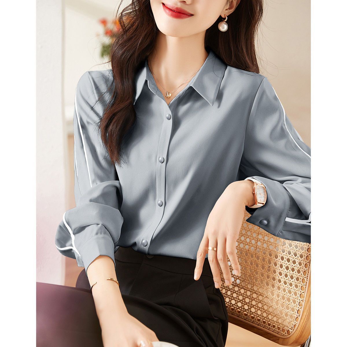 Damen Bluse Klassisch Knöpfe Elegantes Design Weiss - Eveloria