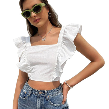 Damen Cropped Rüschendetails Quadrat-Ausschnitt