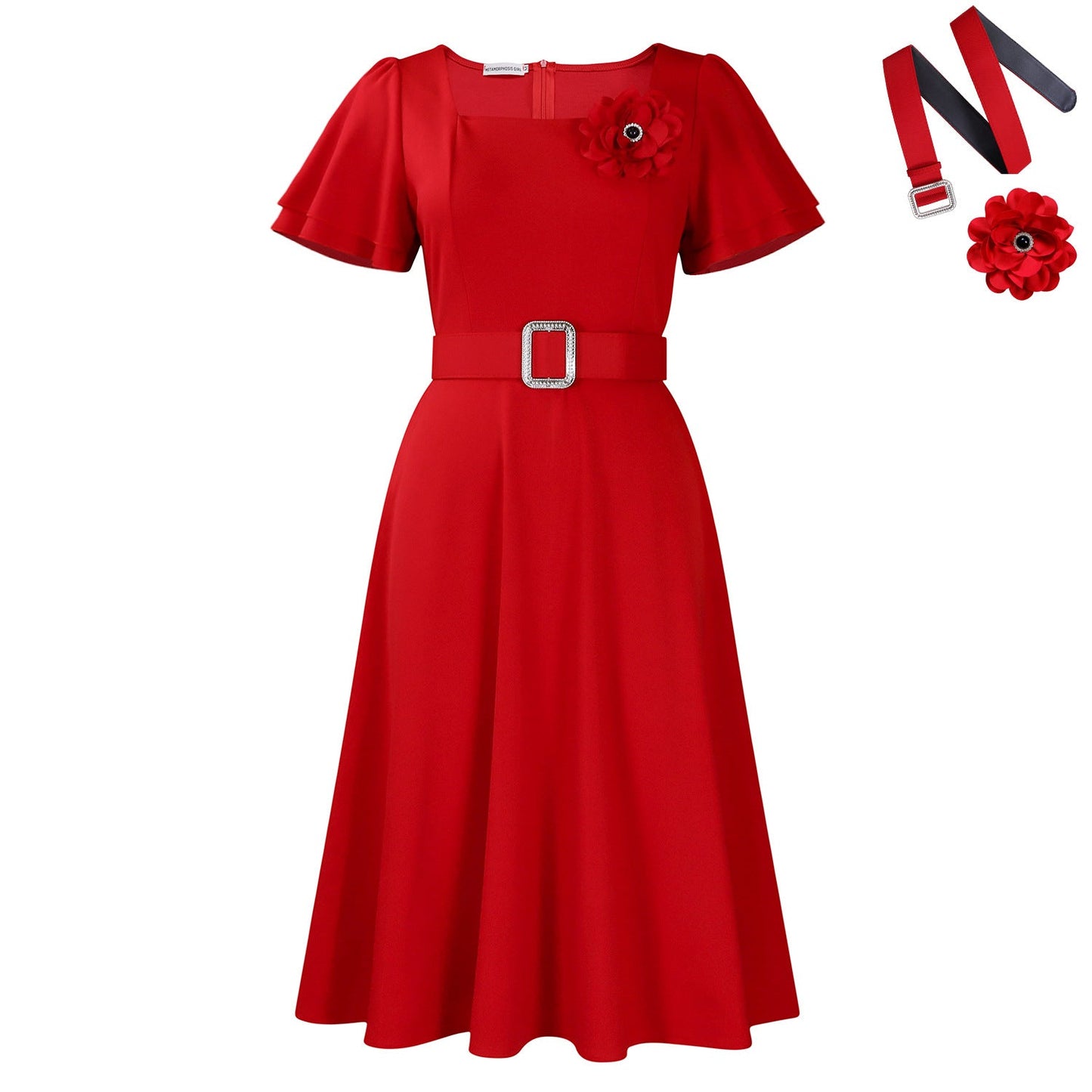 Damen Midi Kleid Geraffter Ausschnitt Breiter Gürtel Eveloria