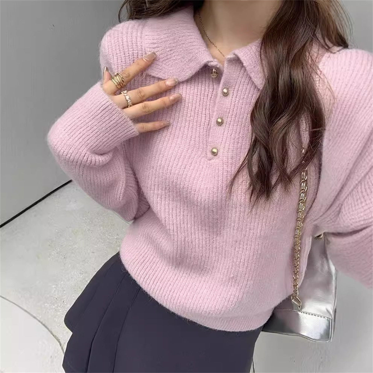 Damen Pullover mit Polokragen Weiches Strickmaterial Beige