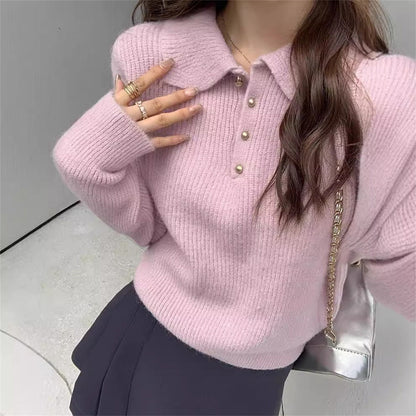 Damen Pullover mit Polokragen Weiches Strickmaterial Beige
