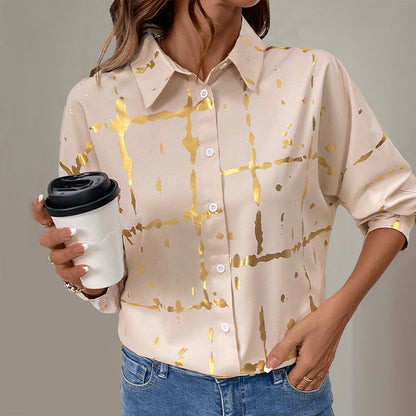 Damen Bluse mit Goldmuster und langen Ärmeln