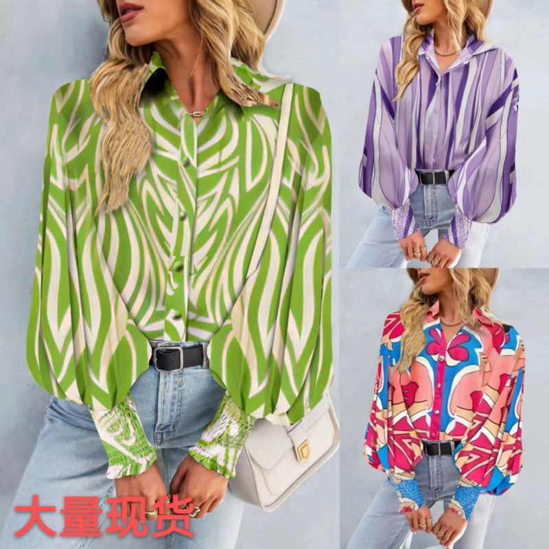 Damen Bluse Voluminöse Ärmel Modernes Muster - Eveloria