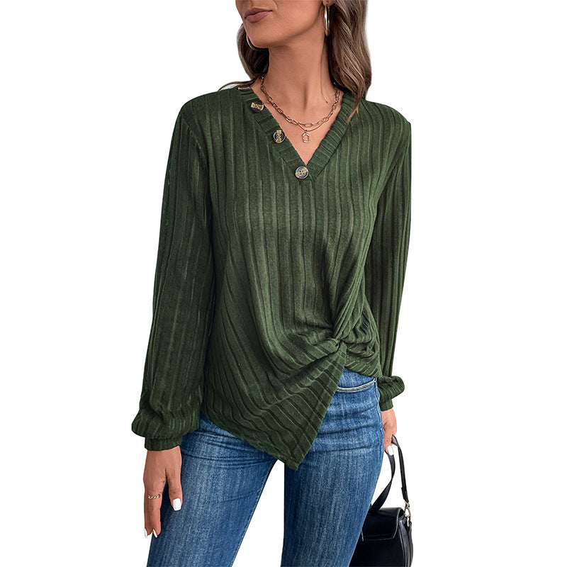 Damen Langarmshirt V-Ausschnitt Dekorative Knöpfe Eveloria