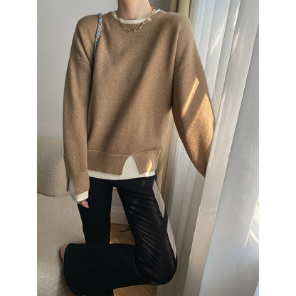 Damen Streifenpullover Hohler Kragen Locker Passform Grau Eveloria - Eveloria