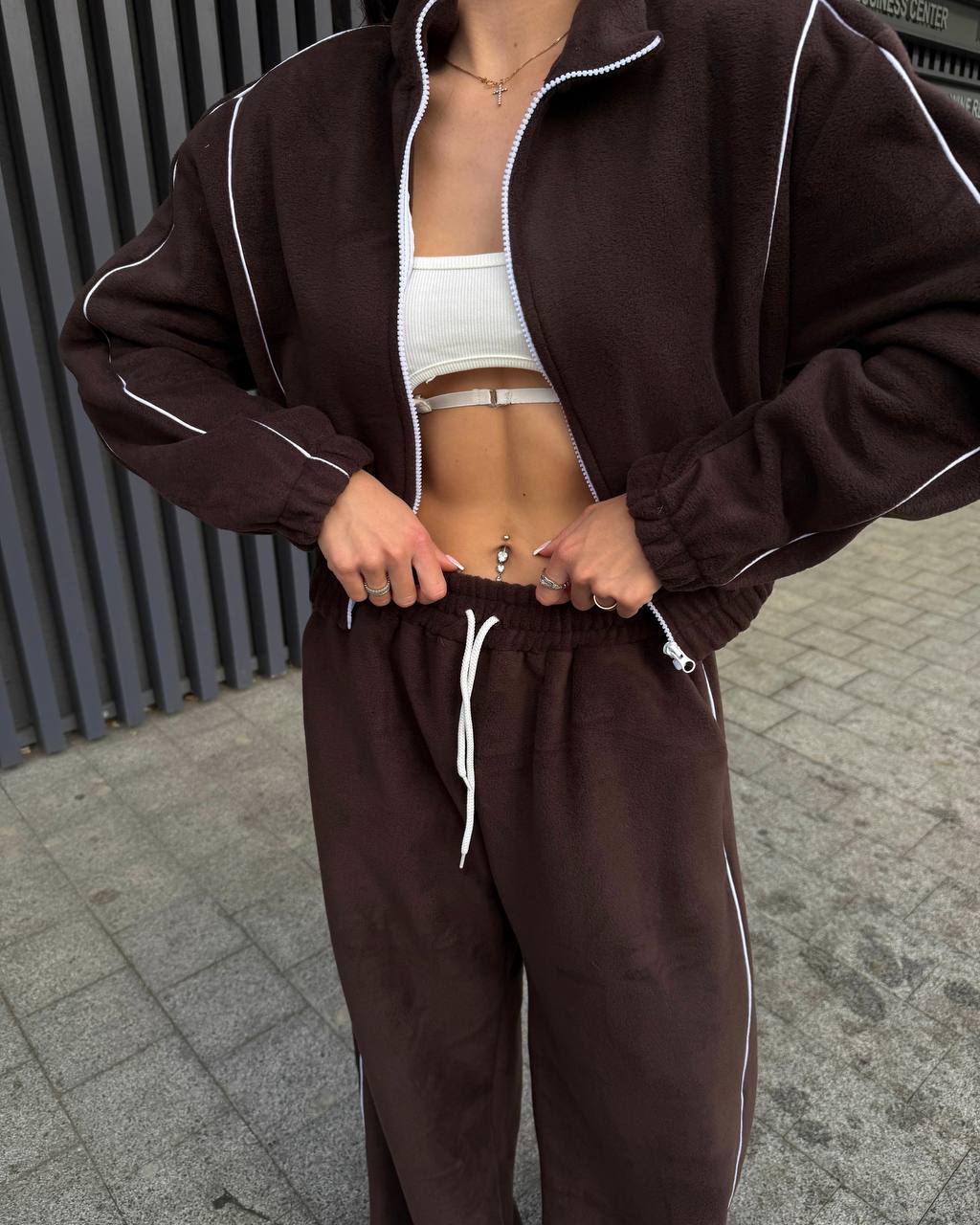 Damen Hoodie Jogginghose Set Cropped Grau Eveloria