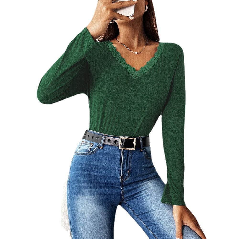 Damen Langarmshirt V-Ausschnitt Spitze Weiß
