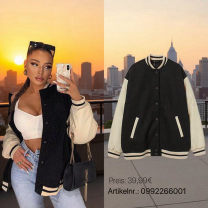 Damen Collegejacke Lässig Kontrastärmel Praktische Taschen Schwarz - Eveloria