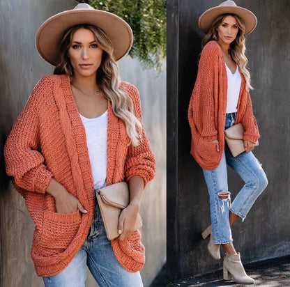 Damen Grobstrick-Cardigan Lässig Voluminöse Ärmel Beige