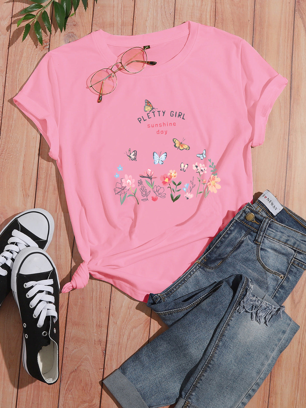 Damen T-Shirt Blumendruck Elegant Weiß