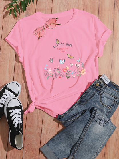Damen T-Shirt Blumendruck Elegant Weiß