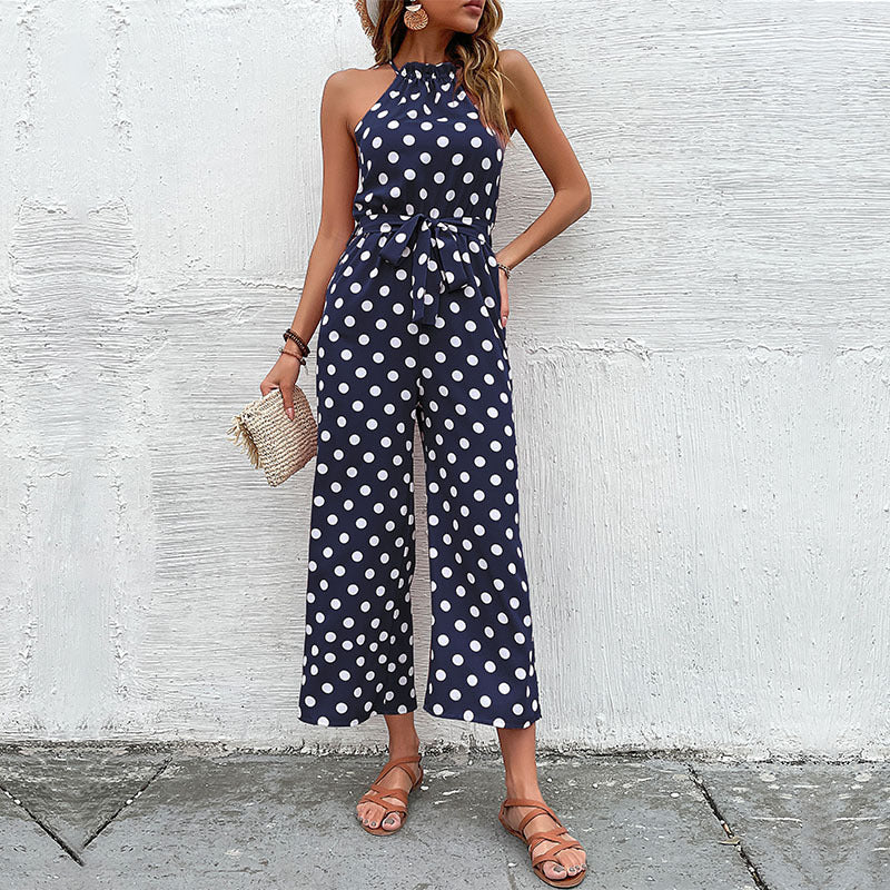 Damen Jumpsuit Moderner Punkte Look Verspielter Gürtel