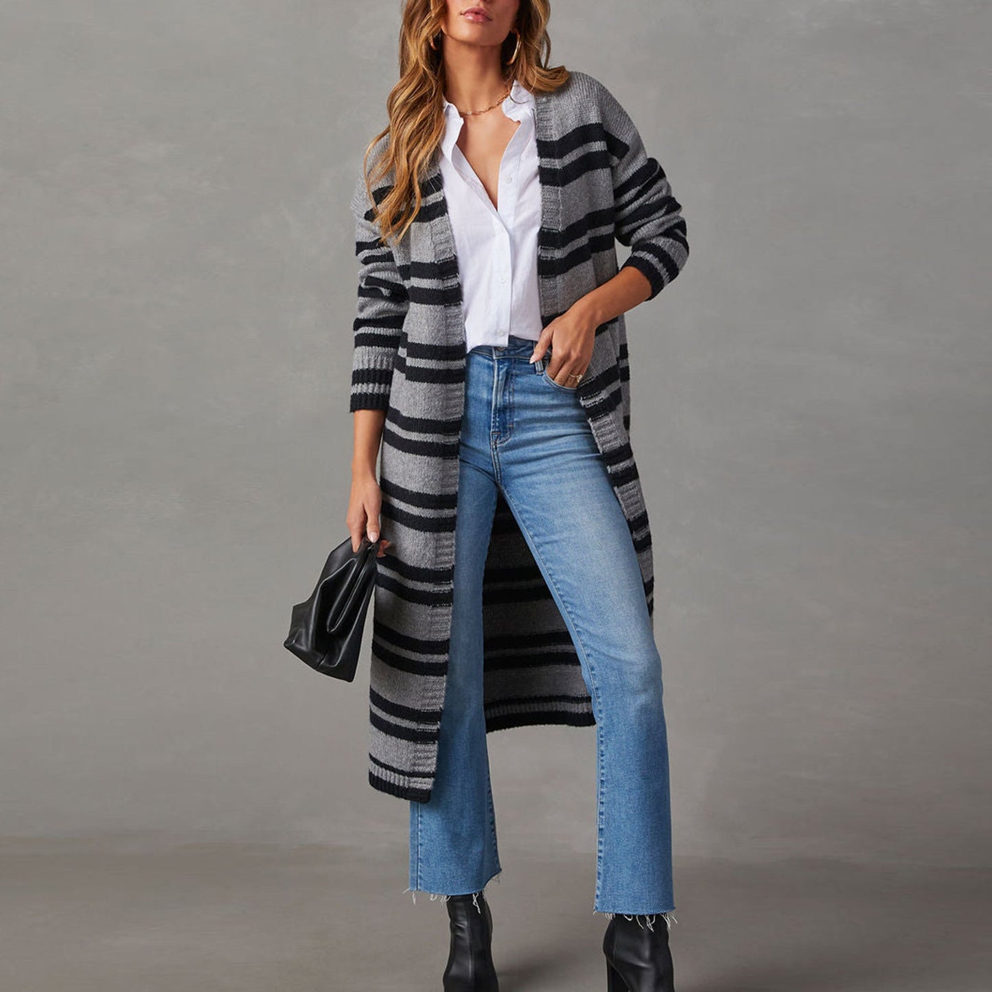 Damen Strickjacke Streifenmuster Lang Eveloria