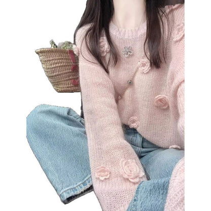 Damen Pullover Blumenapplikationen Eveloria
