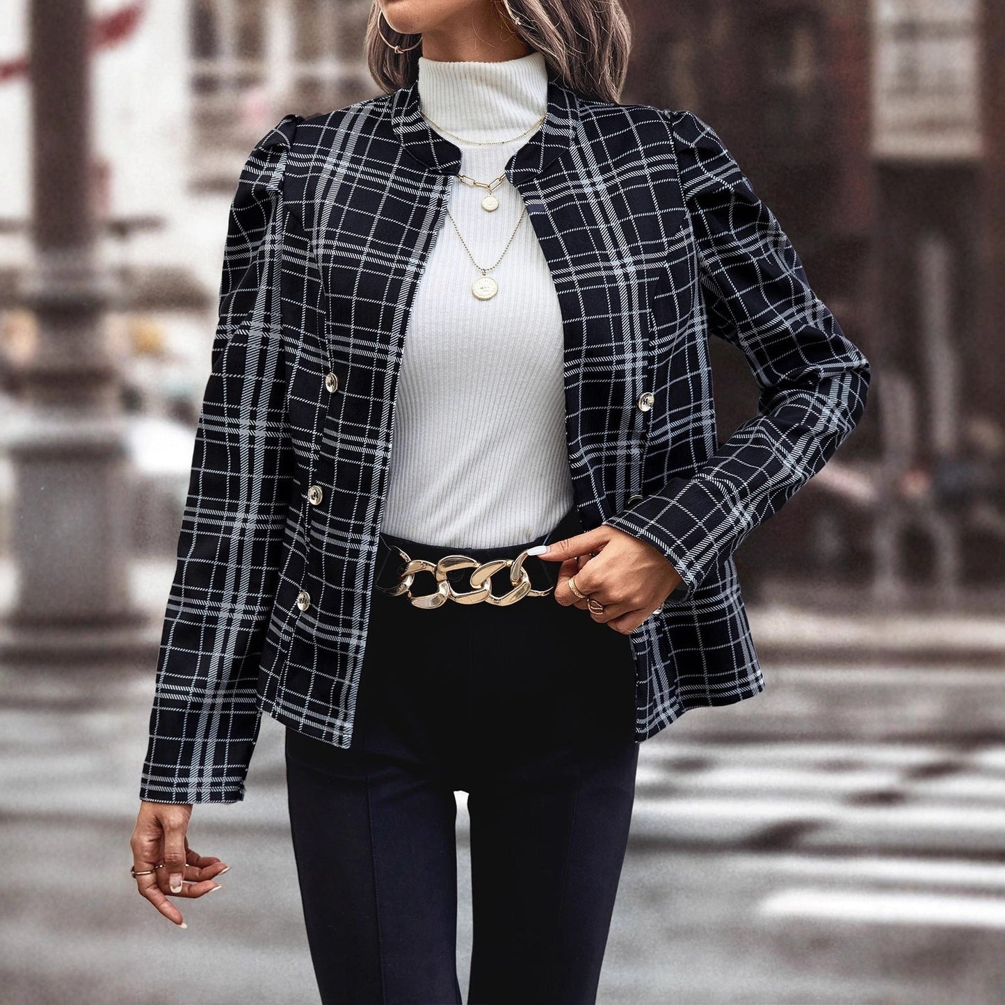 Damen Karierte Blazerjacke mit Knöpfen weiß Eveloria