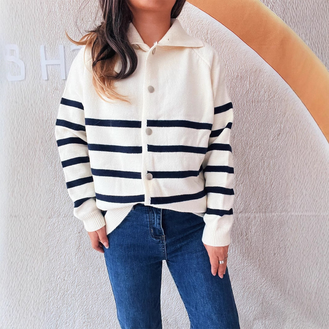 Damen Strickcardigan Gestreift Kapuze Knöpfe
