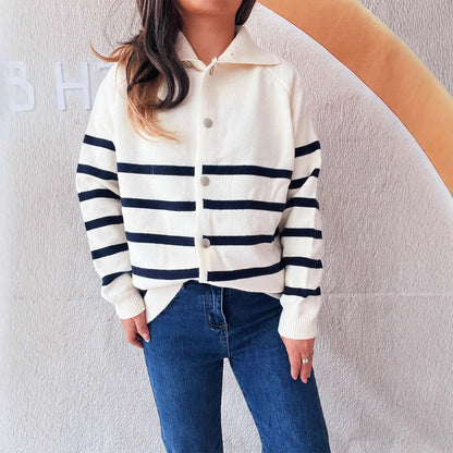 Damen Strickcardigan Gestreift Kapuze Knöpfe