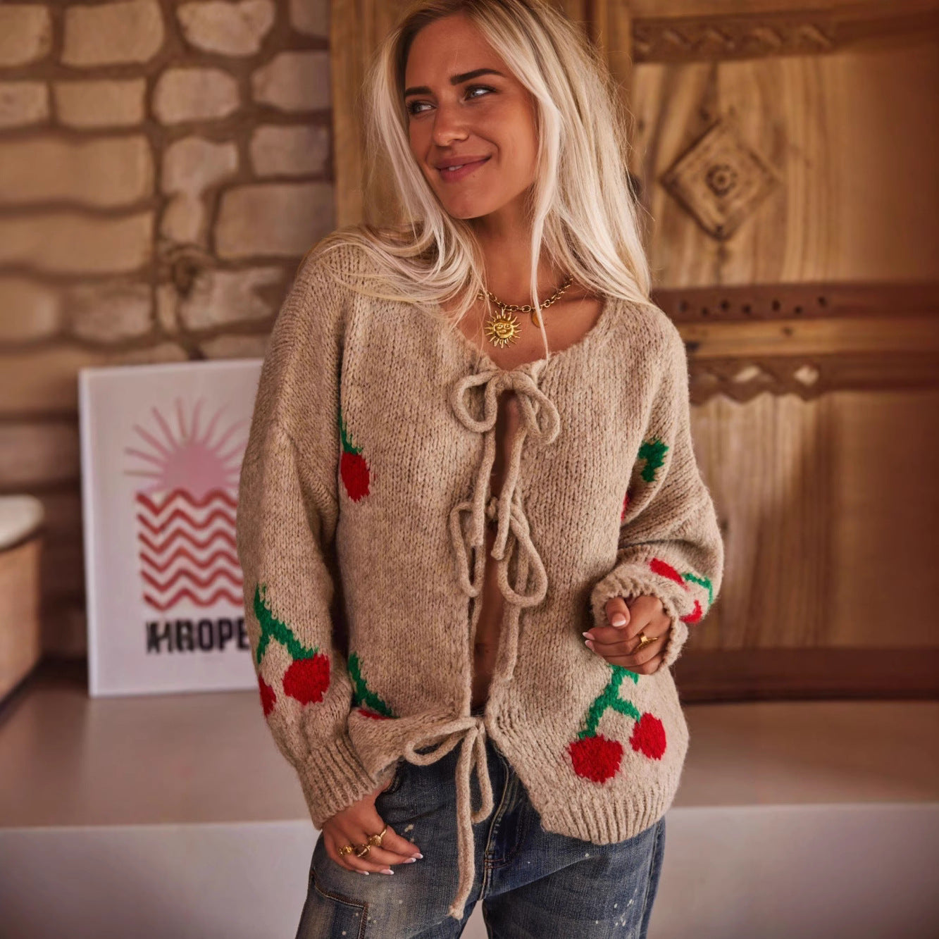 Damen Strickjacke Kirschmotiv Kordelzug Eveloria