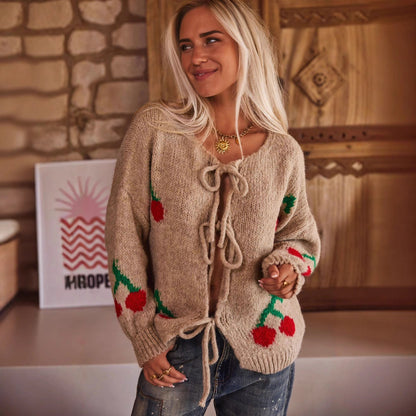 Damen Strickjacke Kirschmotiv Kordelzug Eveloria