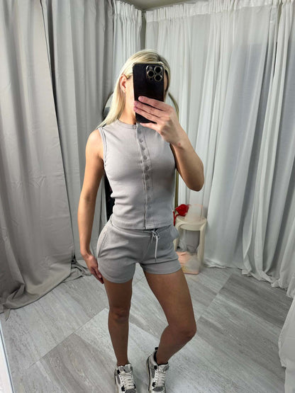 Damen Kurzoverall Set Knopfverschluss Verstellbar