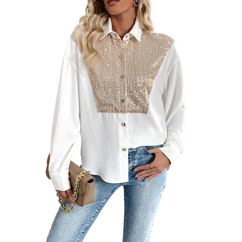 Damen Bluse mit Pailletten Klassischer Kragen Eveloria