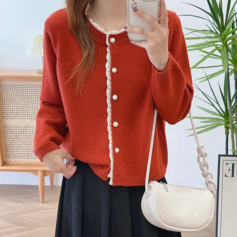 Damen Strickjacke Spitze Perlenknöpfe Eveloria